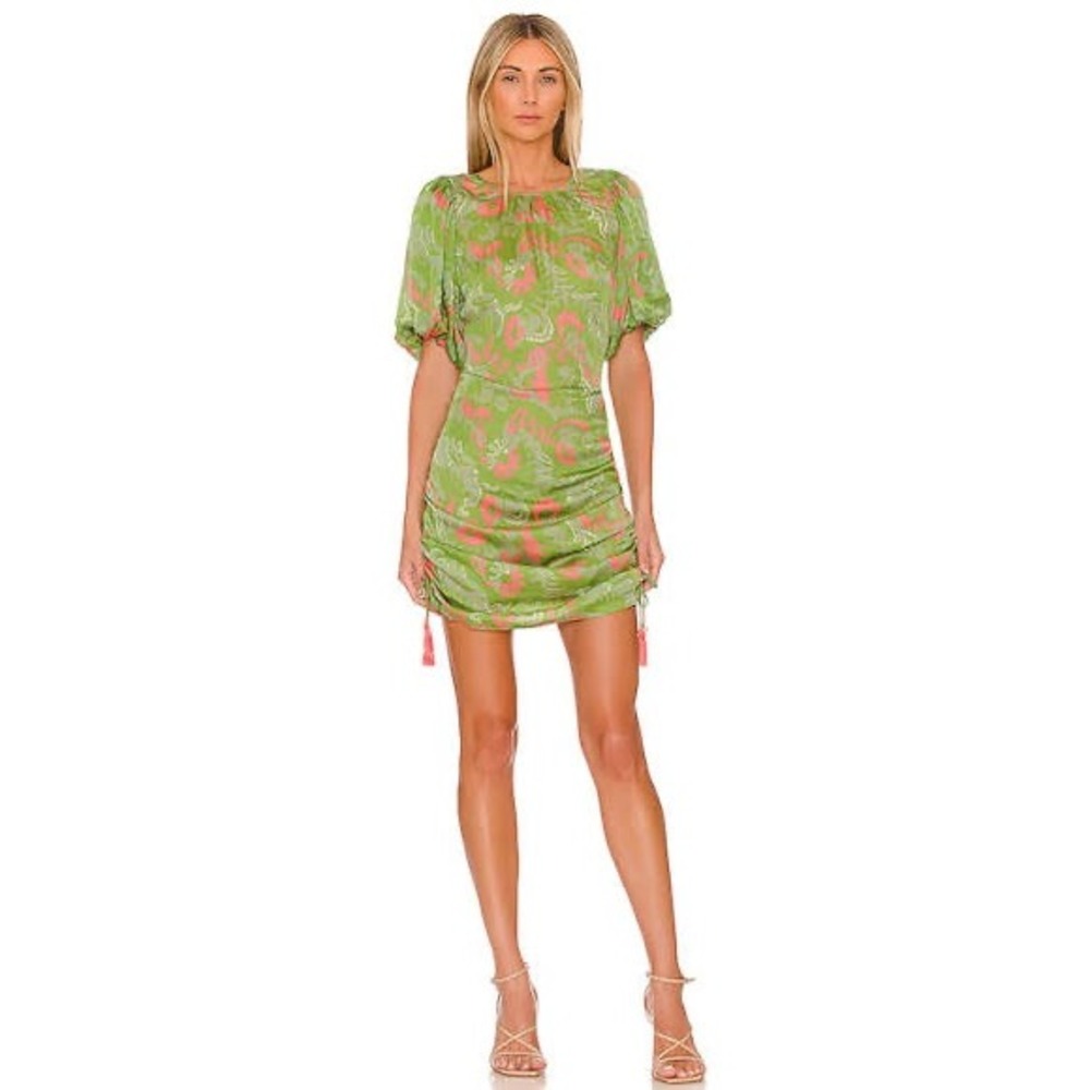 Cleobella Kamila Mini Dress Womens S Green Abstract Print Ruched Tassel‎ Sateen